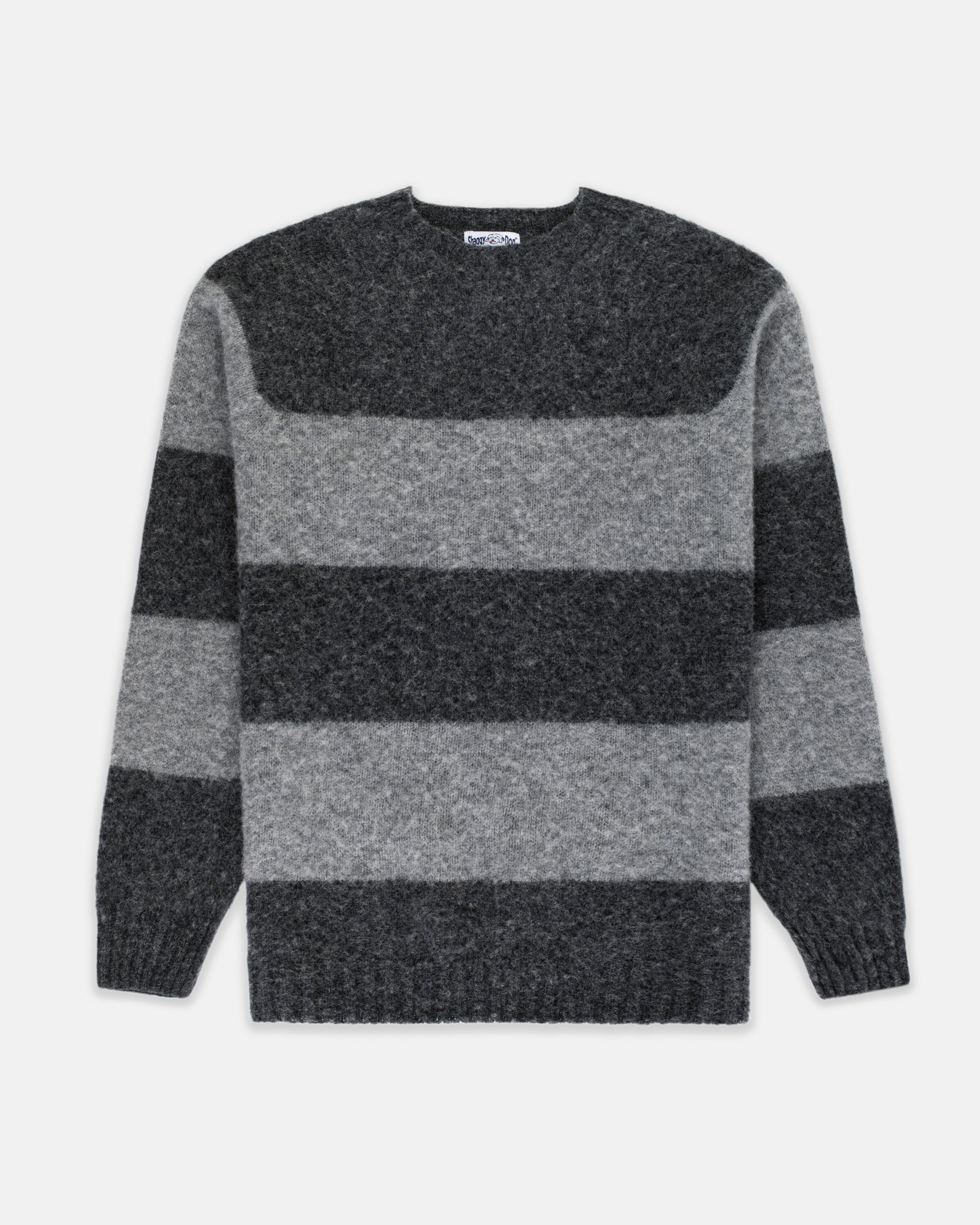 Made-in-Scotland Grey & Black Shaggy Dog Block Stripe Sweater - Trim Fit