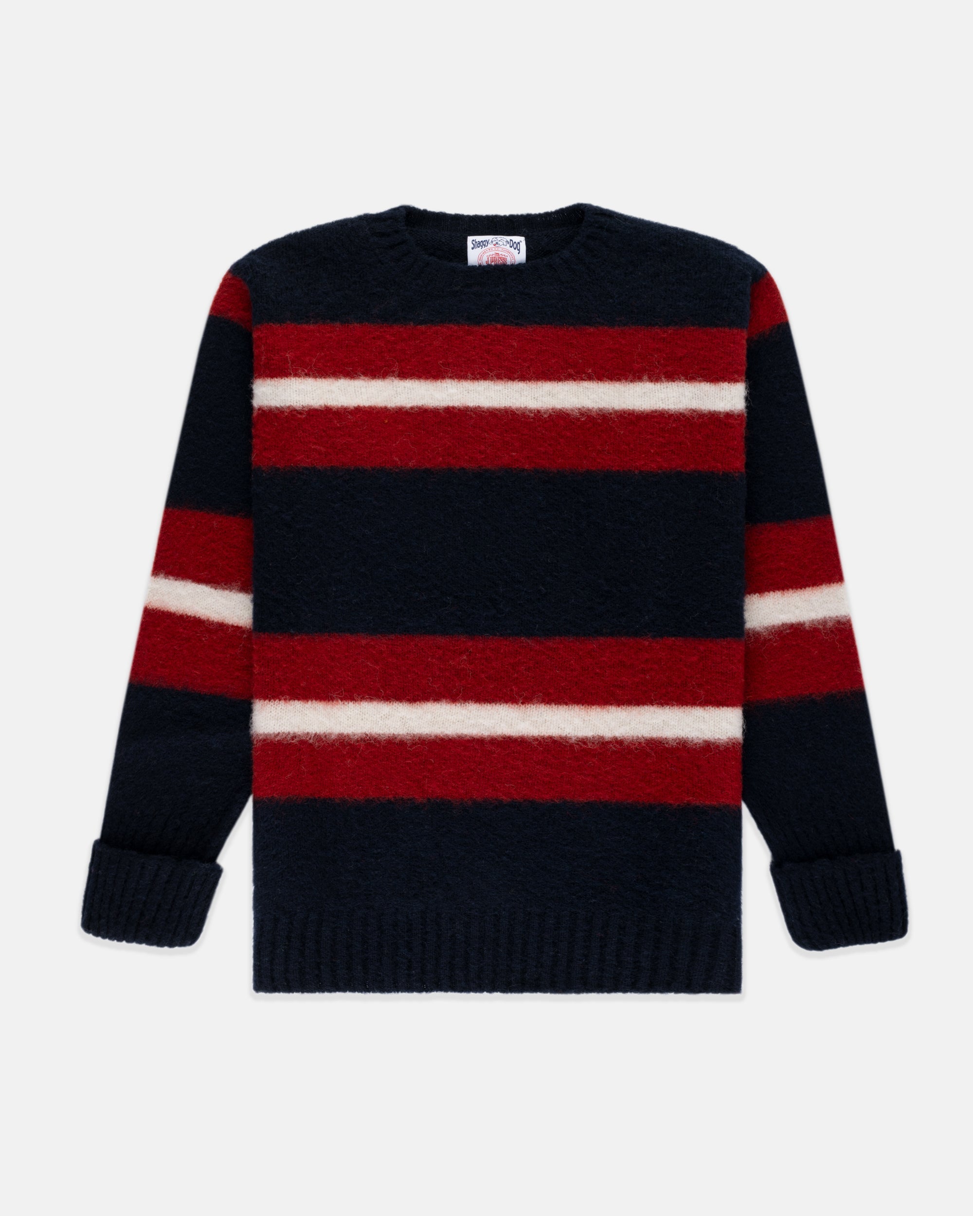 Made-in-Scotland Navy, Crimson & White Shaggy Dog Frame Stripe Sweater - Classic Fit