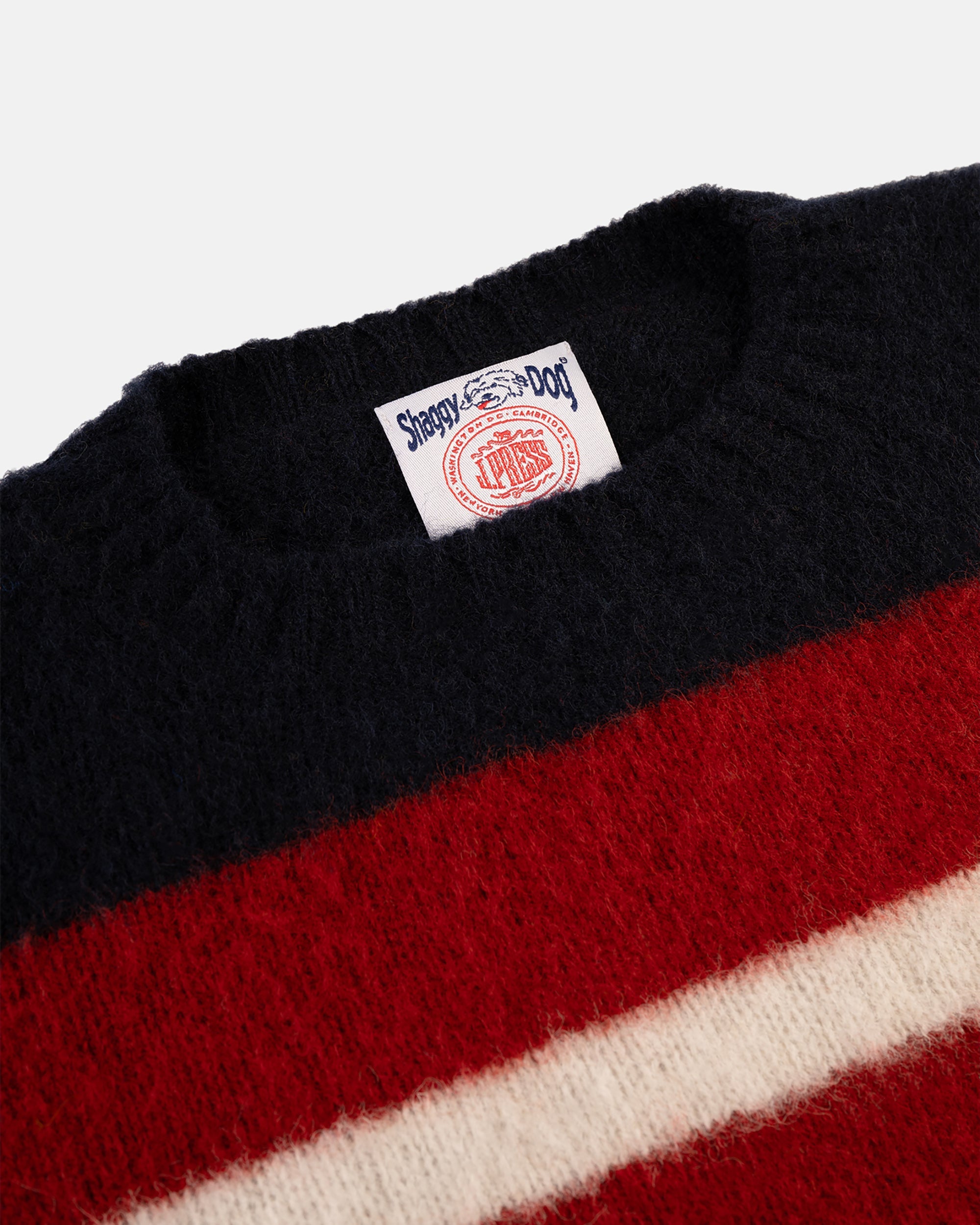 Made-in-Scotland Navy, Crimson & White Shaggy Dog Frame Stripe Sweater - Classic Fit