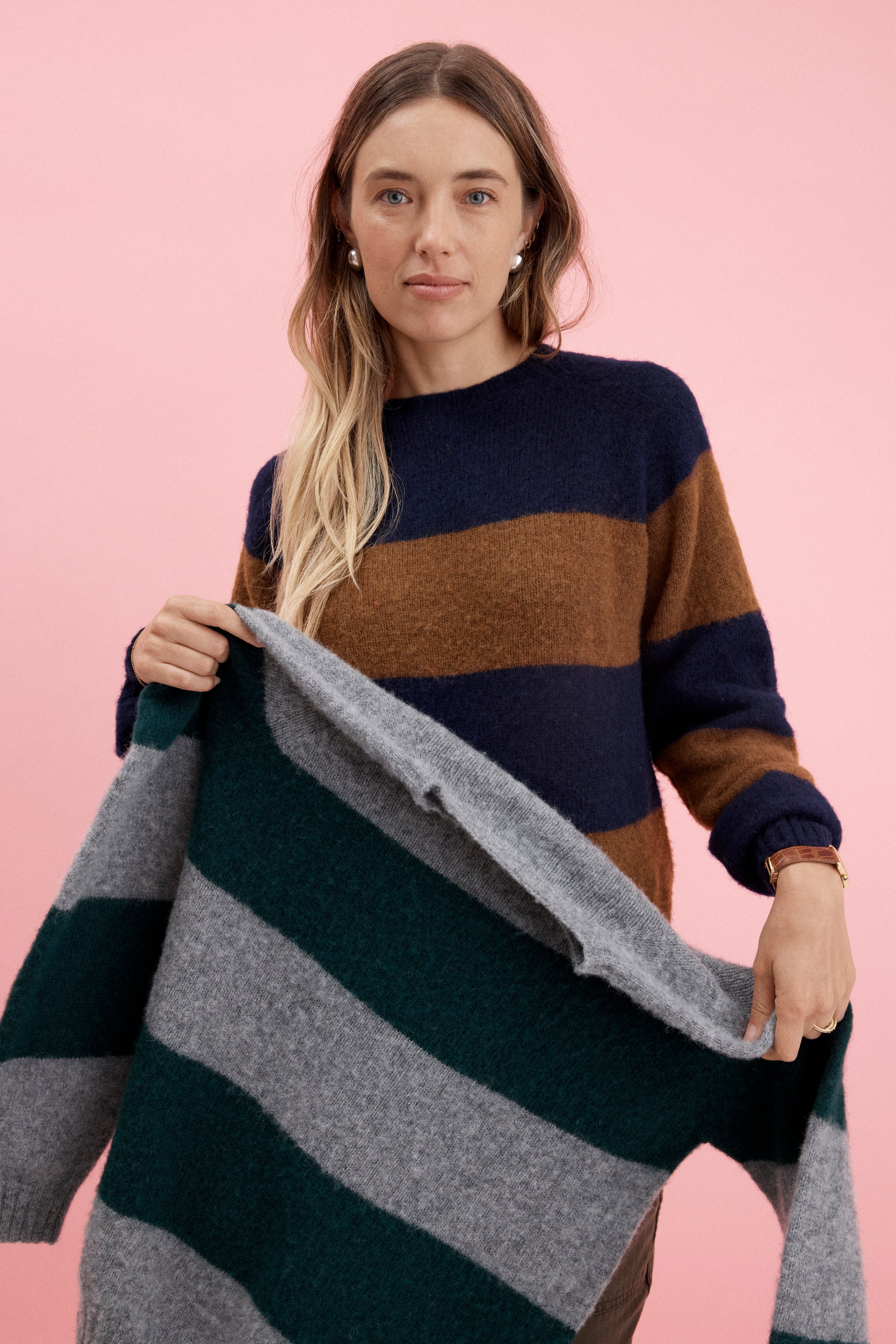 J. Press x Alex Mill Navy & Brown Stripe Shaggy Dog Sweater - Trim Fit