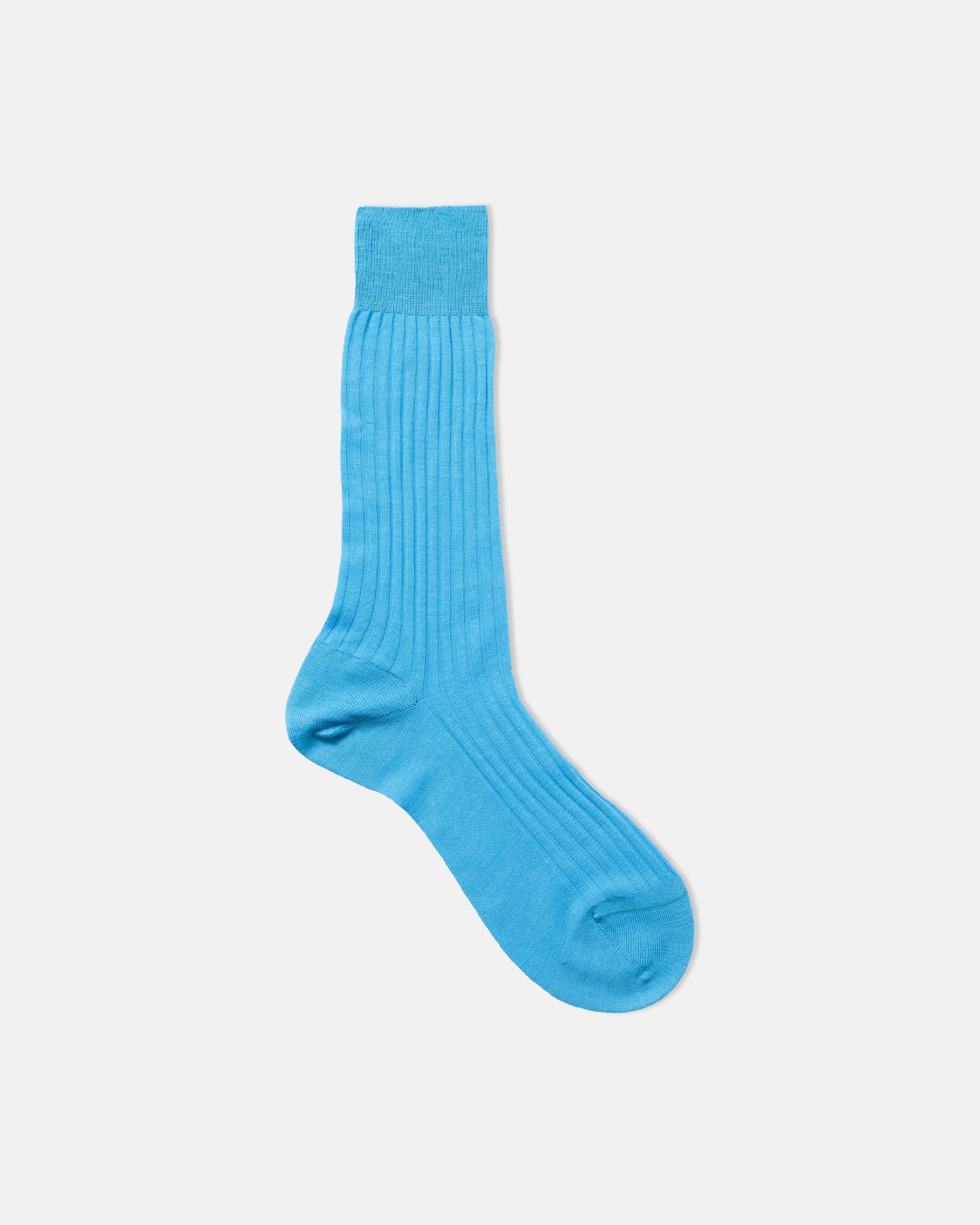 Made-in-England Turquoise Ribbed Merino Wool Mid-Calf Socks