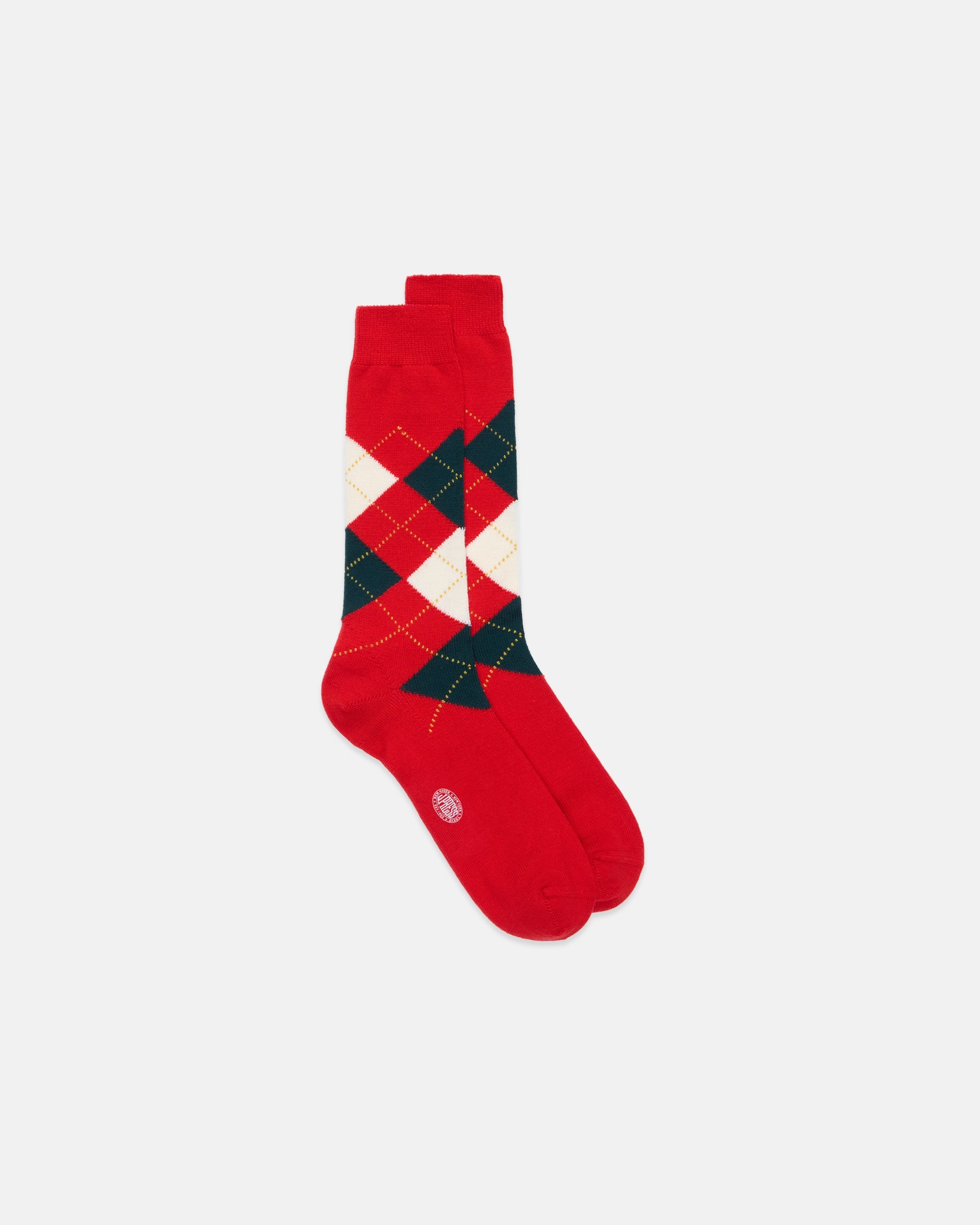Made-in-Italy Red, Green & Yellow Argyle Mid-calf Wool Socks