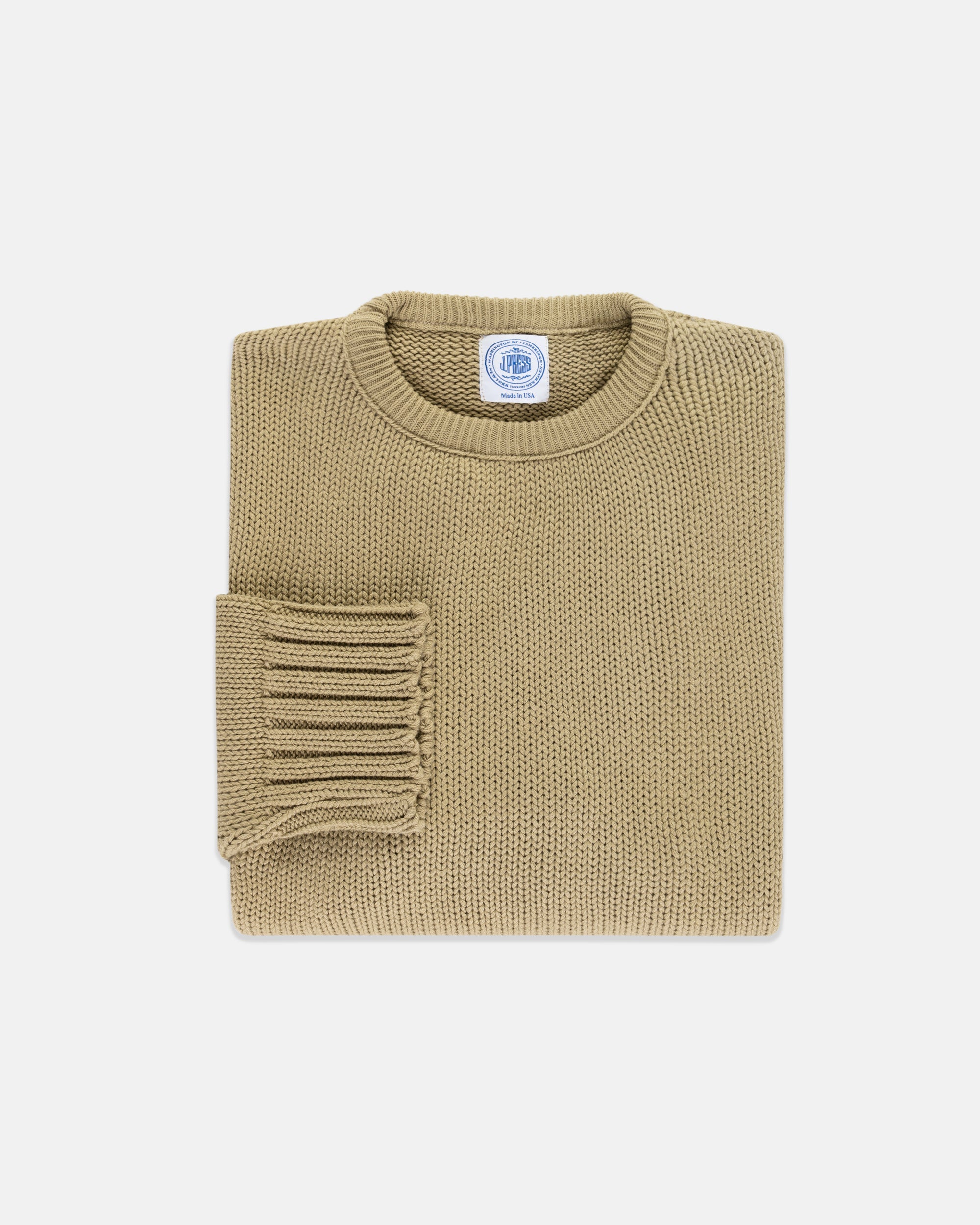 Made-in-USA Tan Chunky Cotton Crewneck Sweater