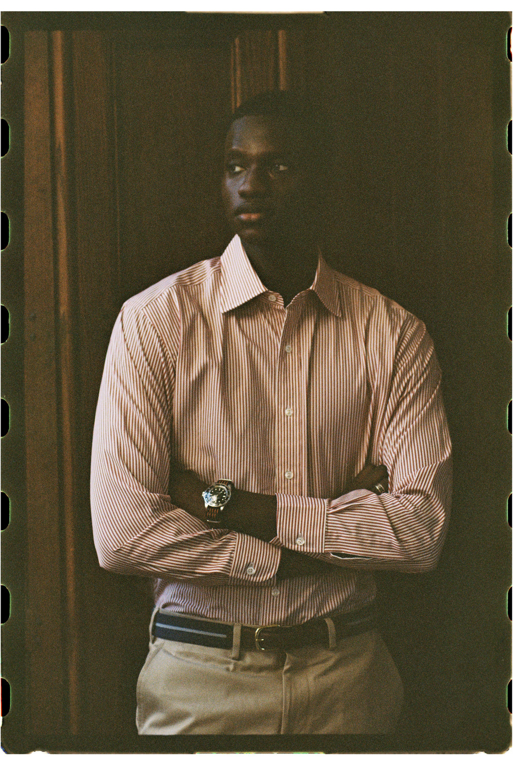 Made-in-USA Thomas Mason Red Bengal Stripe Spread Collar Dress Shirt - Classic Fit