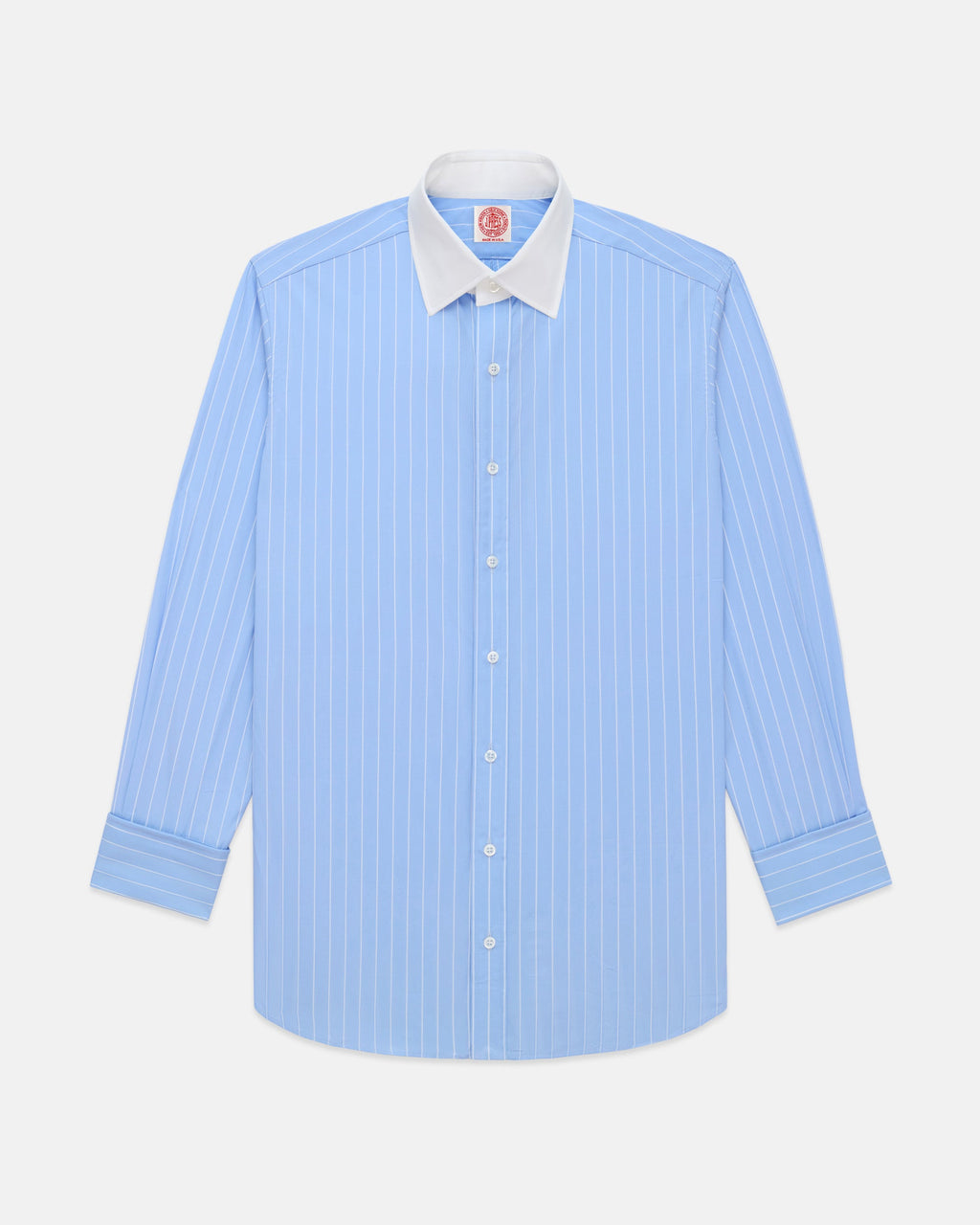 Made-in-USA Thomas Mason Blue & White Stripe Spread Collar French Cuff Dress Shirt - Classic Fit