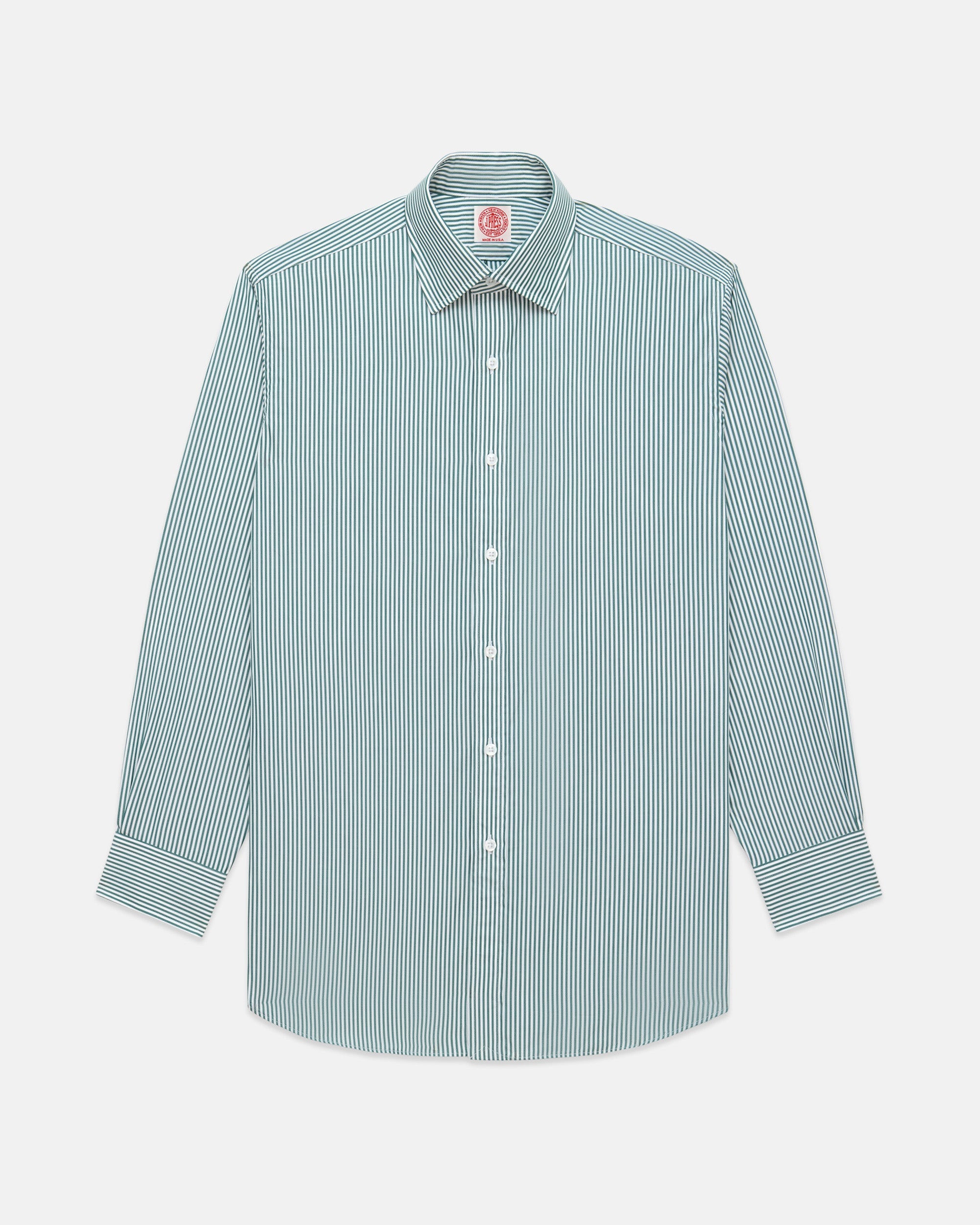 Made-in-USA Thomas Mason Green Bengal Stripe Spread Collar Dress Shirt - Classic Fit