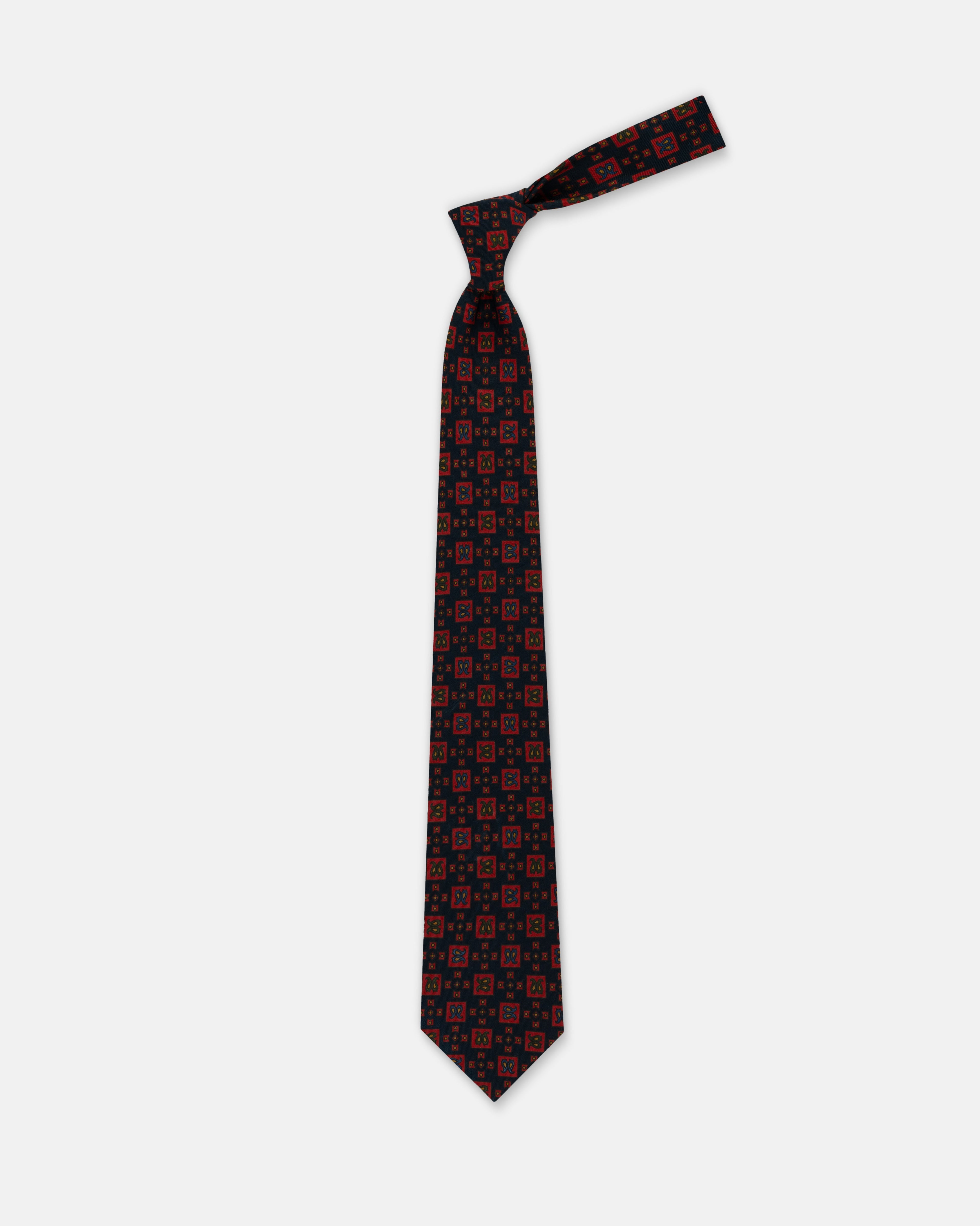 Made-in-England Navy Printed Squares Ancient Madder Tie